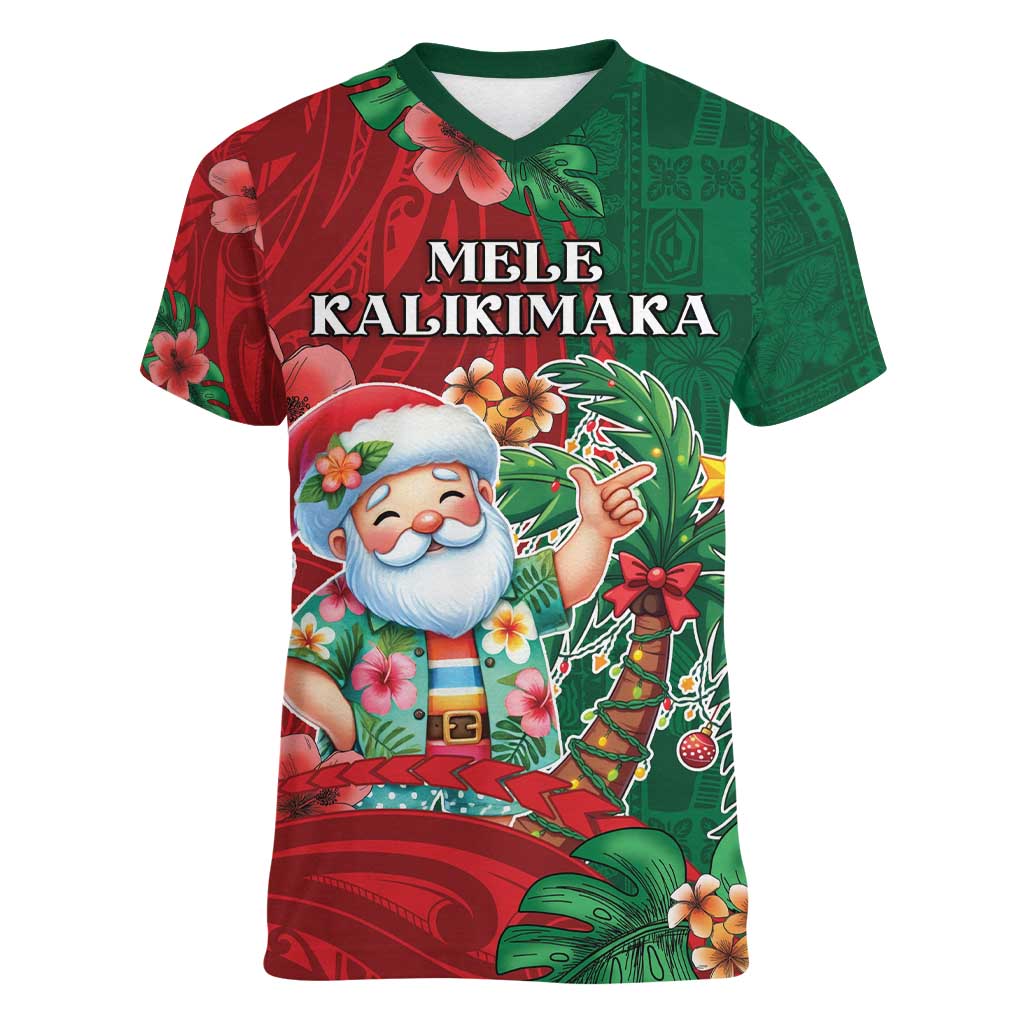 Hawaii Christmas Women V-Neck T-Shirt Mele Kalikimaka Funny Hawaiian Santa - Polynesian Pride
