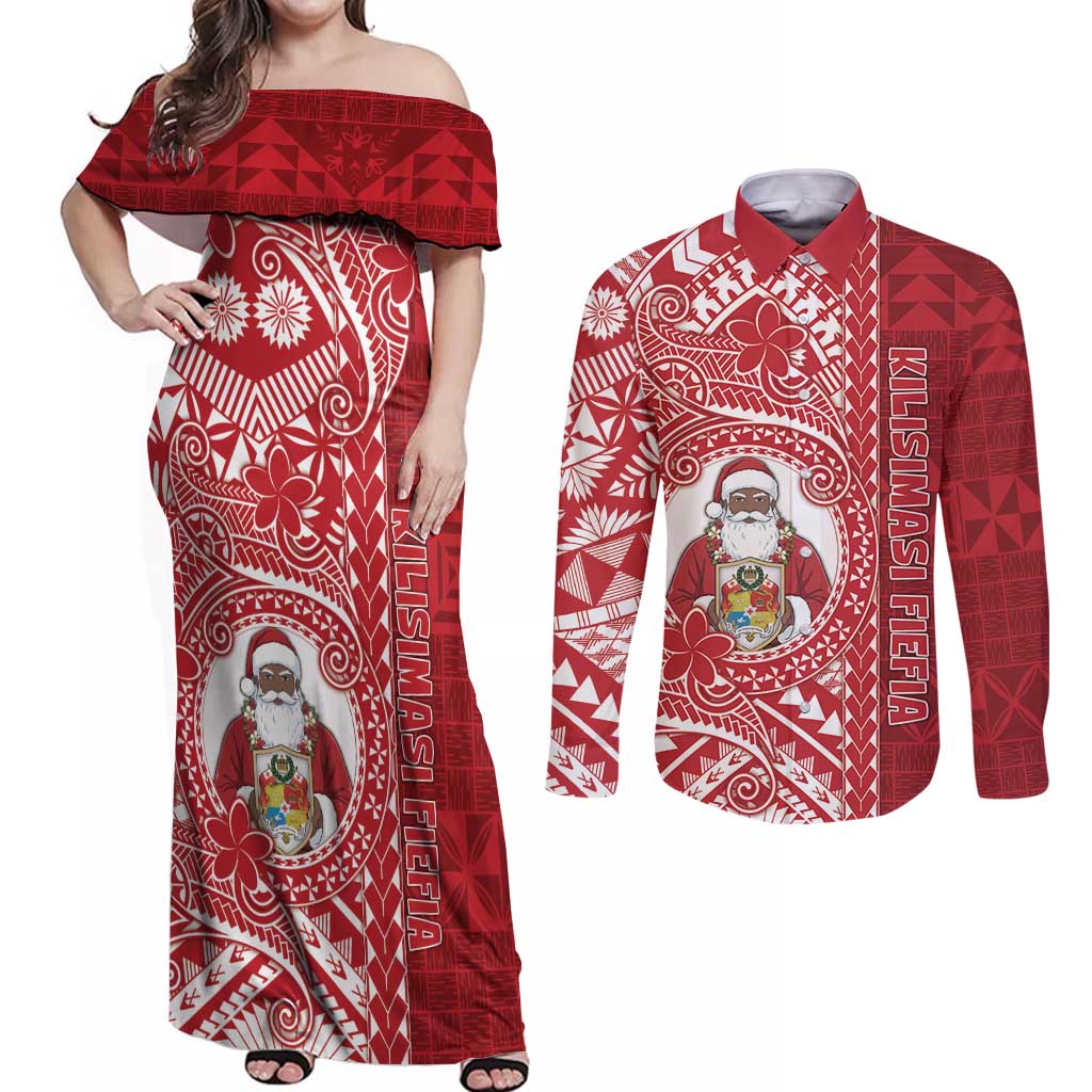 Tonga Christmas Couples Matching Off Shoulder Maxi Dress and Long Sleeve Button Shirt Kilisimasi Fiefia - Polynesian Pride