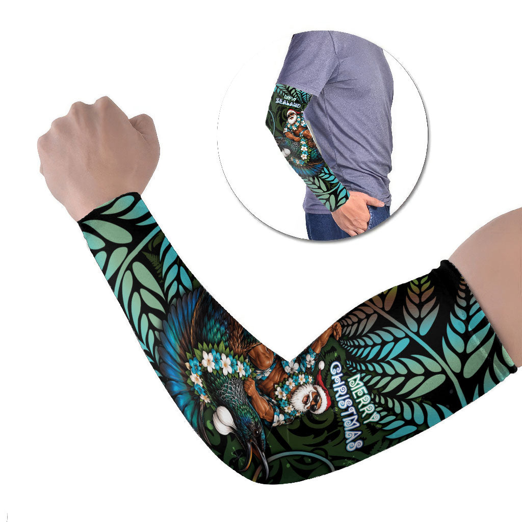 New Zealand Christmas Arm Sleeves Santa Riding Tui Bird Silver Fern DT05 Set of 2 Teal - Polynesian Pride