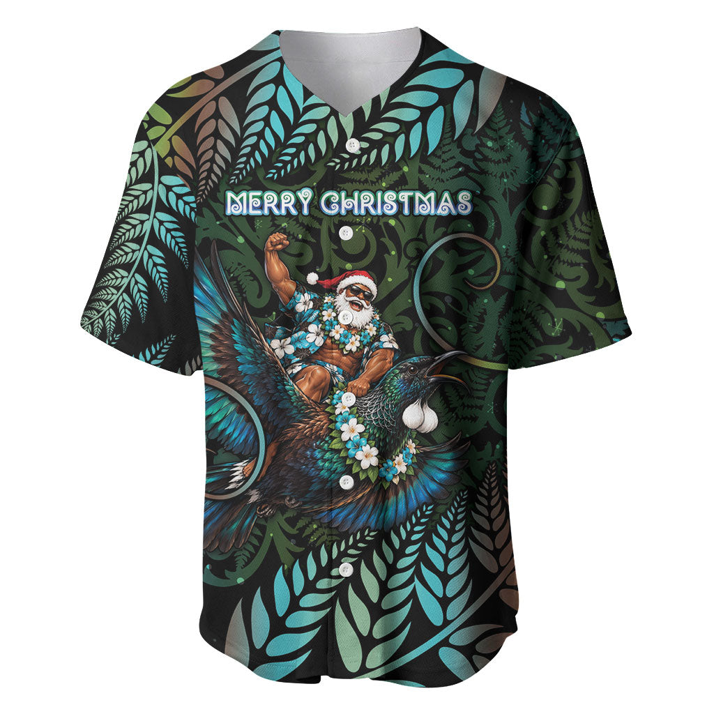 New Zealand Christmas Baseball Jersey Santa Riding Tui Bird Silver Fern DT05 Teal - Polynesian Pride