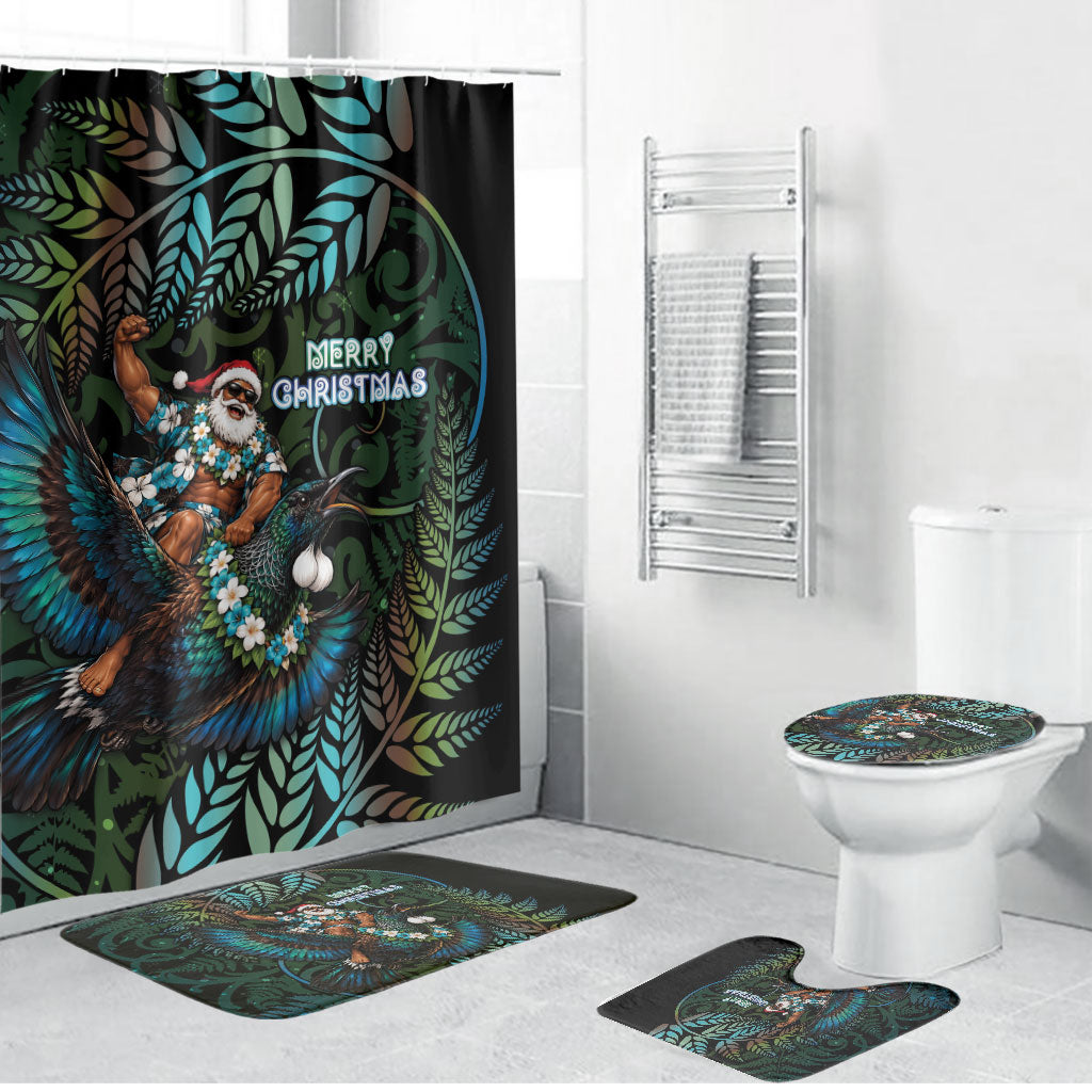 New Zealand Christmas Bathroom Set Santa Riding Tui Bird Silver Fern DT05 Bathroom Set (4 pcs) Teal - Polynesian Pride