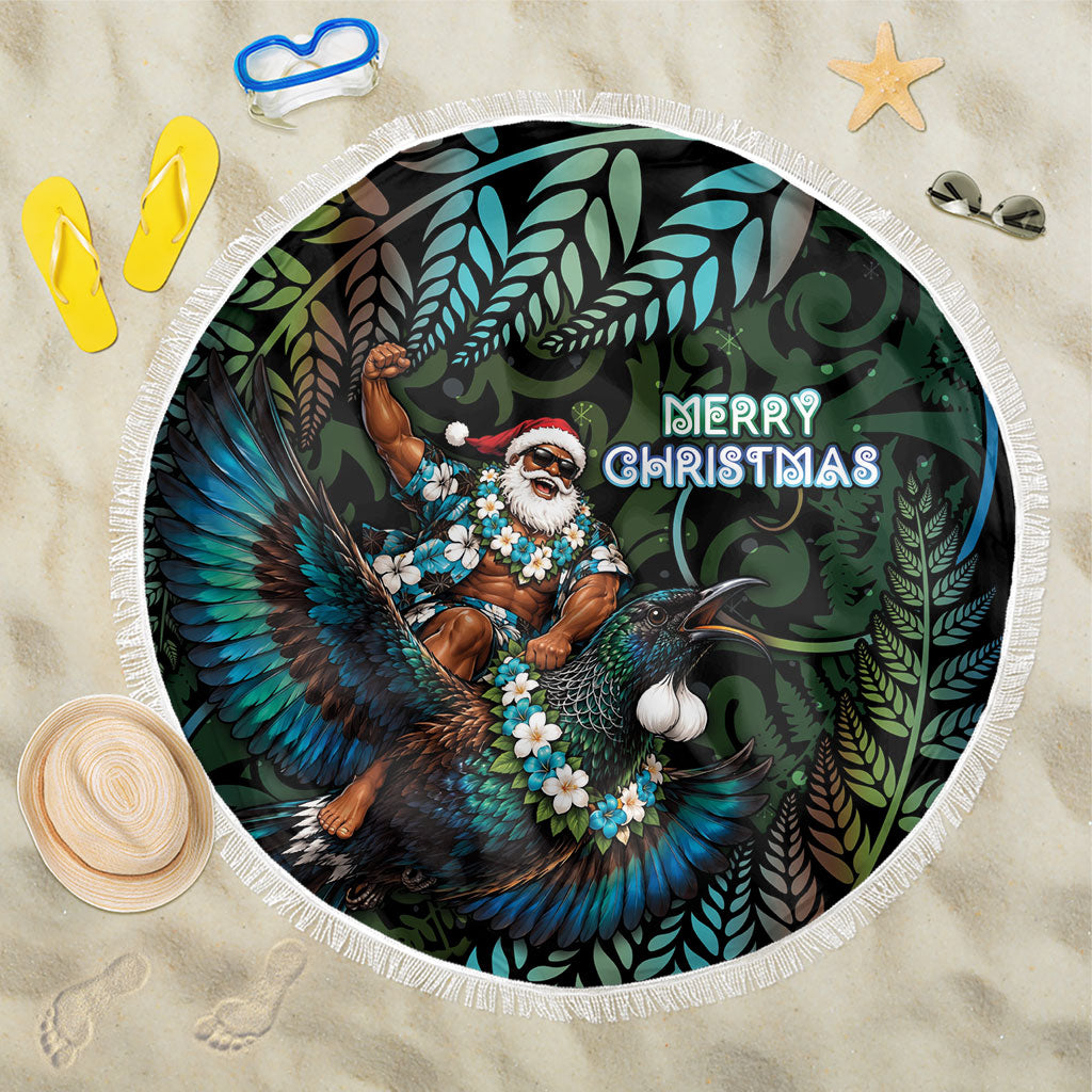 New Zealand Christmas Beach Blanket Santa Riding Tui Bird Silver Fern DT05 One Size 150cm Teal - Polynesian Pride