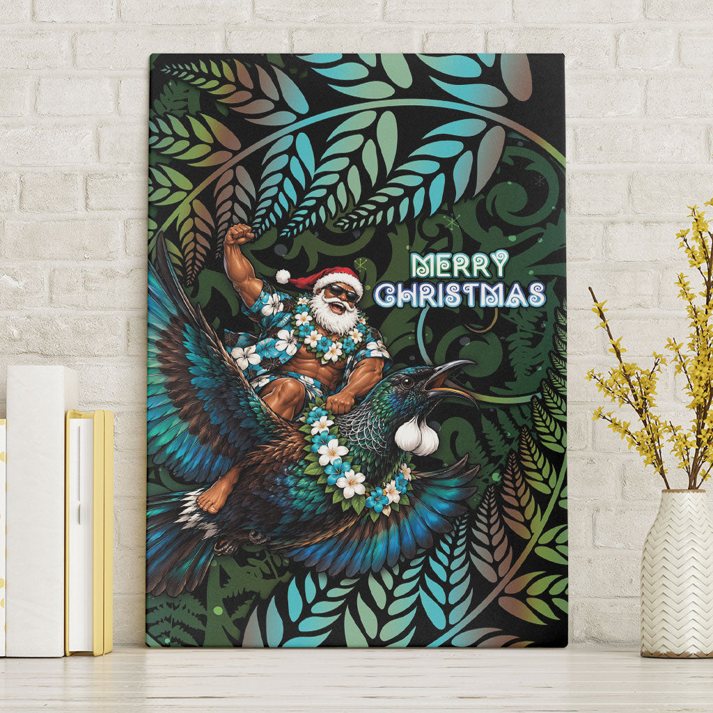 New Zealand Christmas Canvas Wall Art Santa Riding Tui Bird Silver Fern DT05 Without Frame Teal - Polynesian Pride