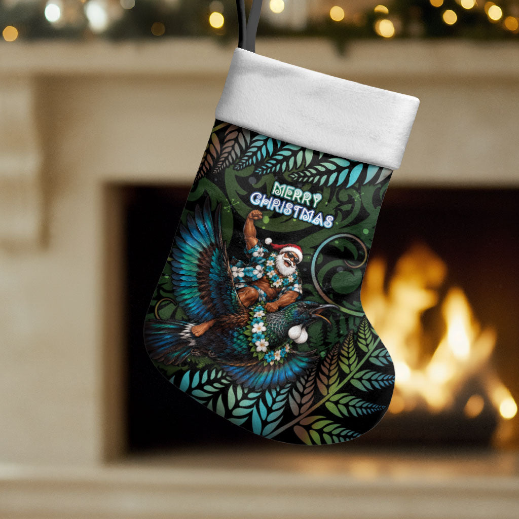 New Zealand Christmas Stocking Santa Riding Tui Bird Silver Fern
