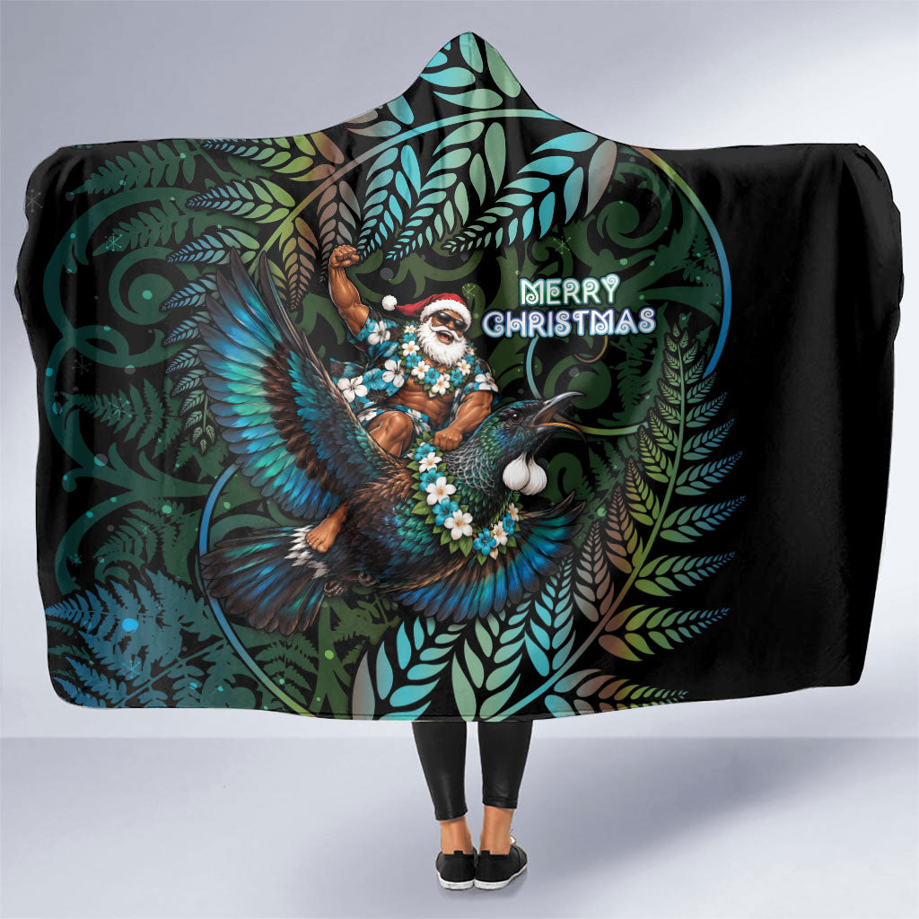 New Zealand Christmas Hooded Blanket Santa Riding Tui Bird Silver Fern DT05 One Size Teal - Polynesian Pride