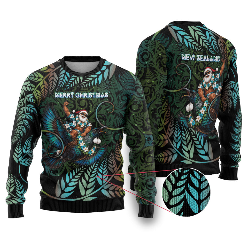 New Zealand Christmas Ugly Christmas Sweater Santa Riding Tui Bird Silver Fern DT05 Teal - Polynesian Pride