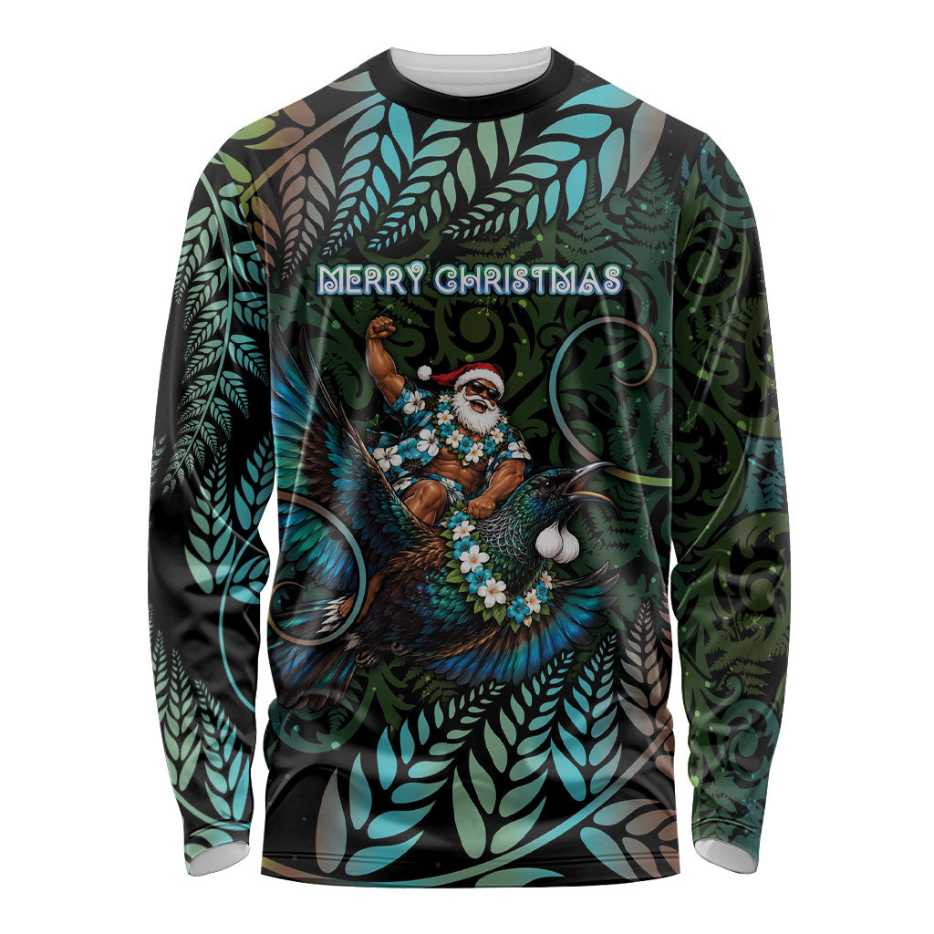 New Zealand Christmas Long Sleeve Shirt Santa Riding Tui Bird Silver Fern DT05 Unisex Teal - Polynesian Pride