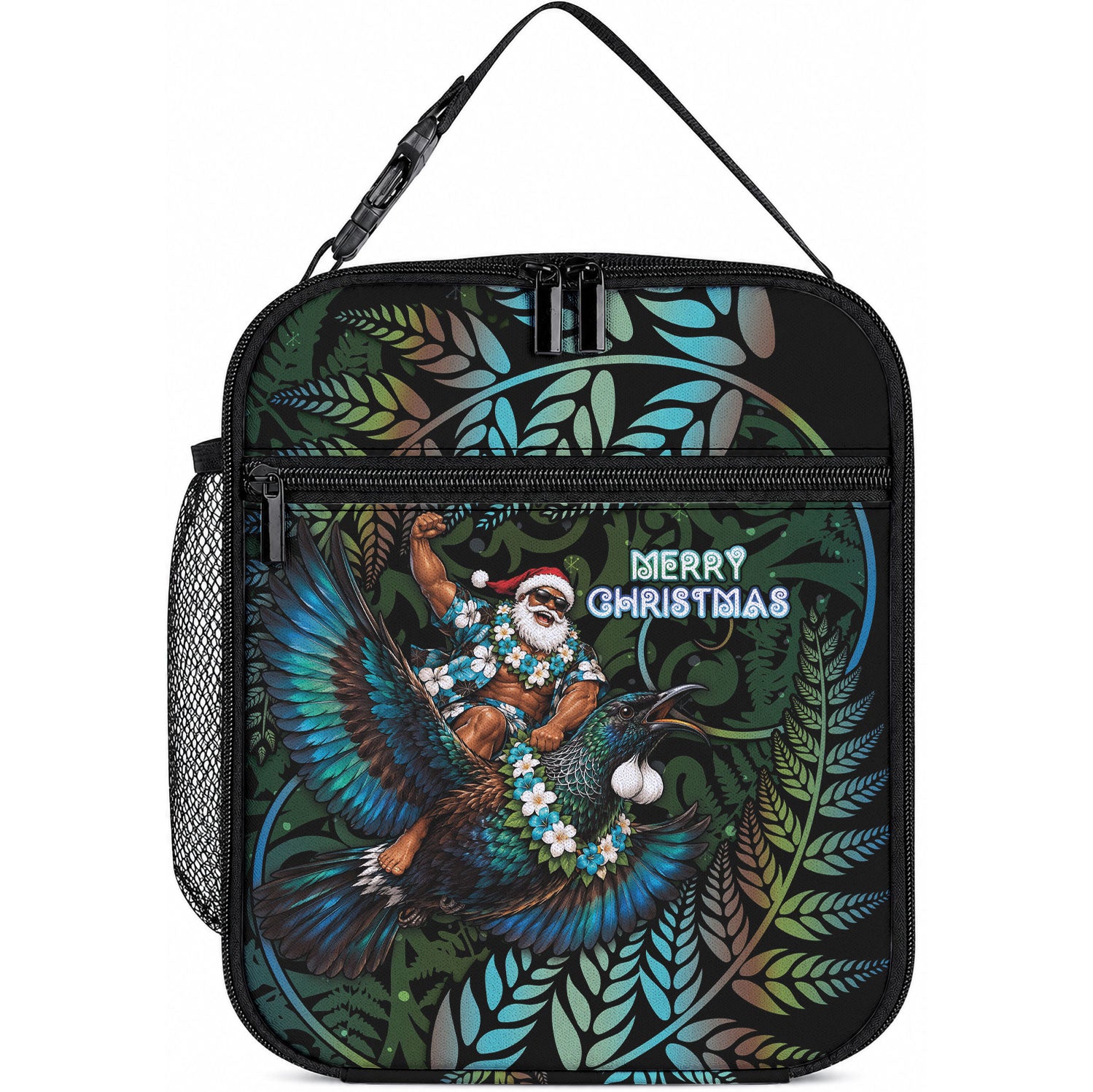 New Zealand Christmas Lunch Bag Santa Riding Tui Bird Silver Fern DT05 10.2 × 8.3 × 4.3 inch Teal - Polynesian Pride