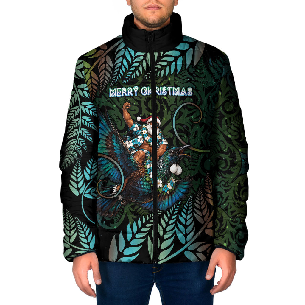 New Zealand Christmas Padded Jacket Santa Riding Tui Bird Silver Fern