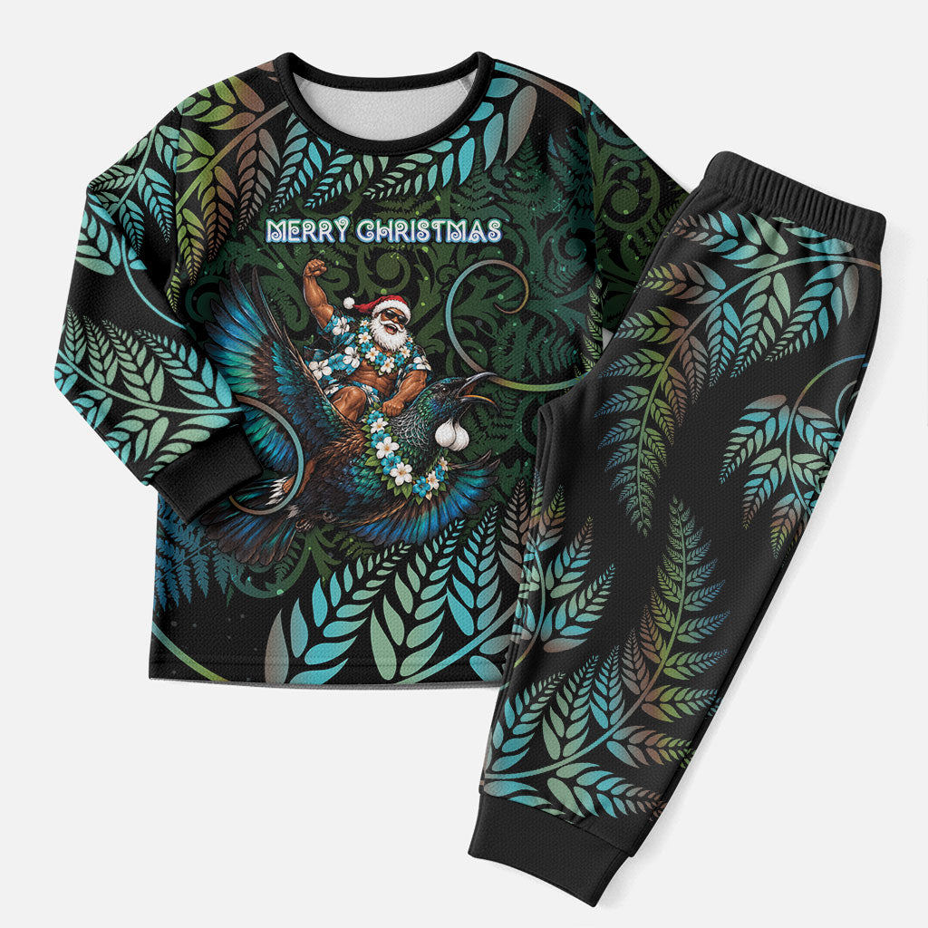 New Zealand Christmas Pajama Set Santa Riding Tui Bird Silver Fern