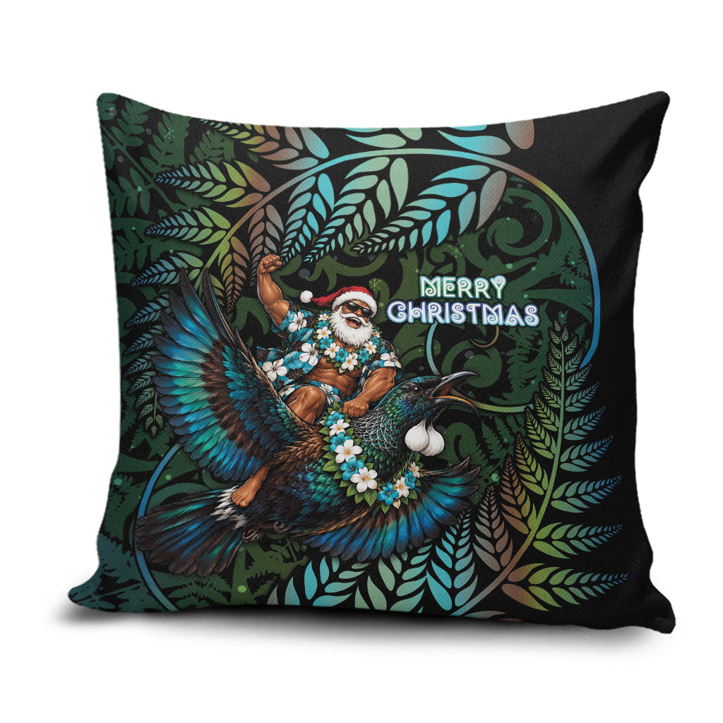 New Zealand Christmas Pillow Cover Santa Riding Tui Bird Silver Fern DT05 Teal - Polynesian Pride
