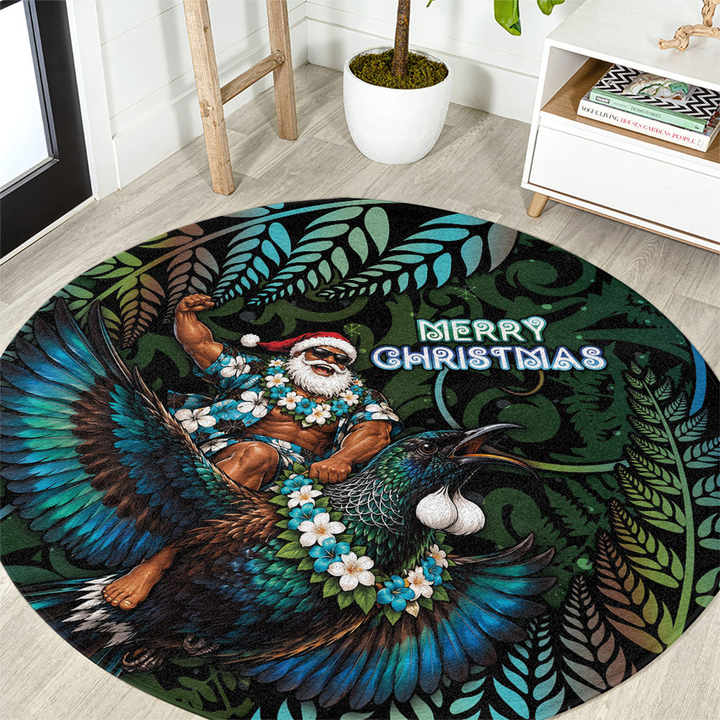 New Zealand Christmas Round Carpet Santa Riding Tui Bird Silver Fern DT05 Teal - Polynesian Pride