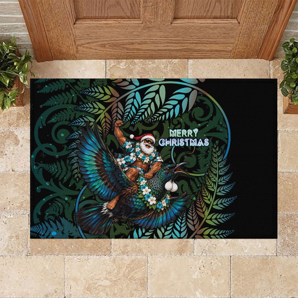 New Zealand Christmas Rubber Doormat Santa Riding Tui Bird Silver Fern DT05 Teal - Polynesian Pride
