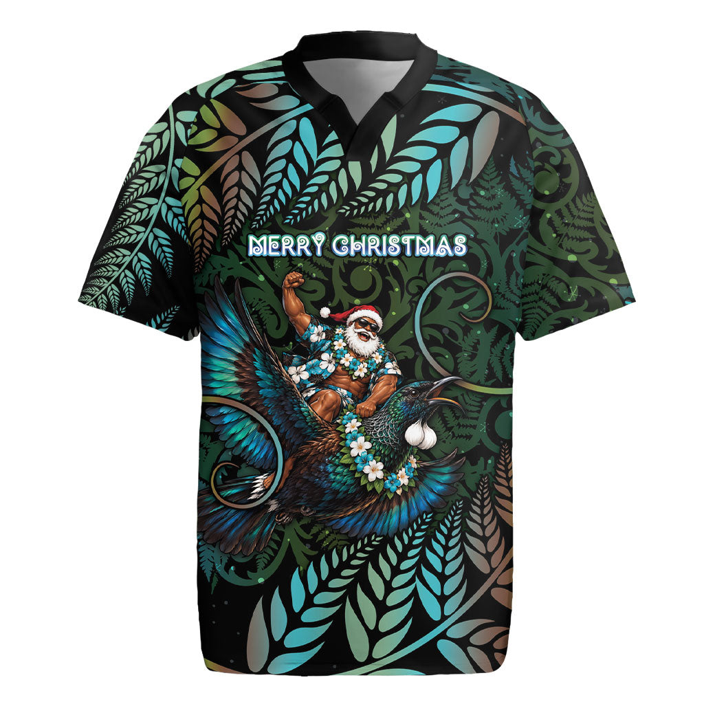 New Zealand Christmas Rugby Jersey Santa Riding Tui Bird Silver Fern DT05 Teal - Polynesian Pride