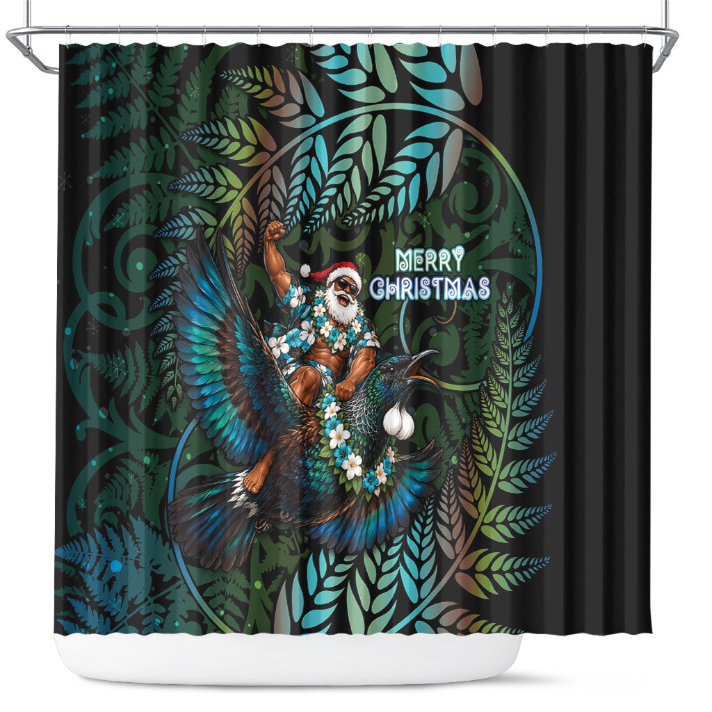 New Zealand Christmas Shower Curtain Santa Riding Tui Bird Silver Fern DT05 Teal - Polynesian Pride