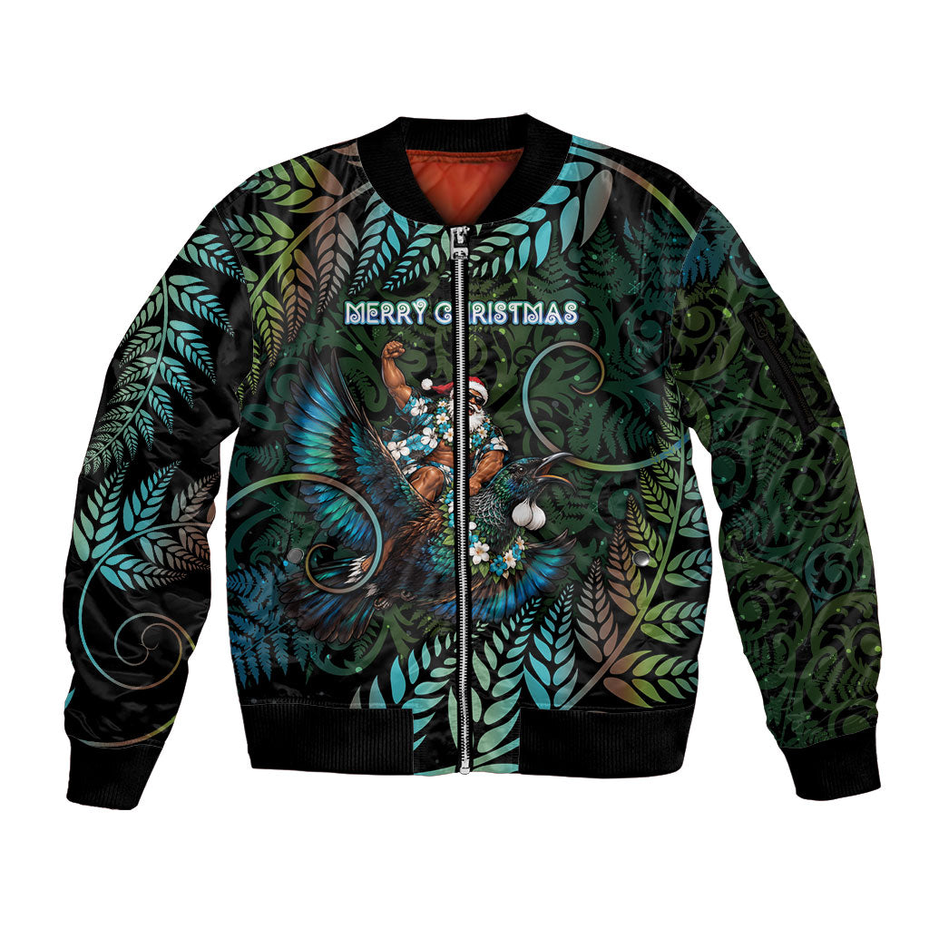New Zealand Christmas Sleeve Zip Bomber Jacket Santa Riding Tui Bird Silver Fern DT05 Unisex Teal - Polynesian Pride