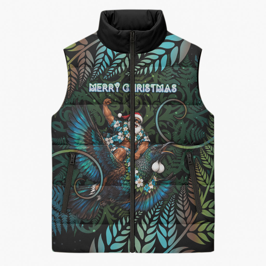 New Zealand Christmas Sleeveless Puffer Jacket Santa Riding Tui Bird Silver Fern DT05 Unisex Teal - Polynesian Pride