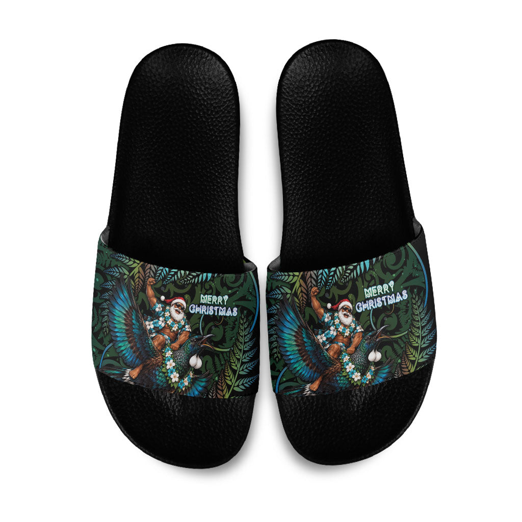 New Zealand Christmas Slide Sandals Santa Riding Tui Bird Silver Fern DT05 Teal - Polynesian Pride