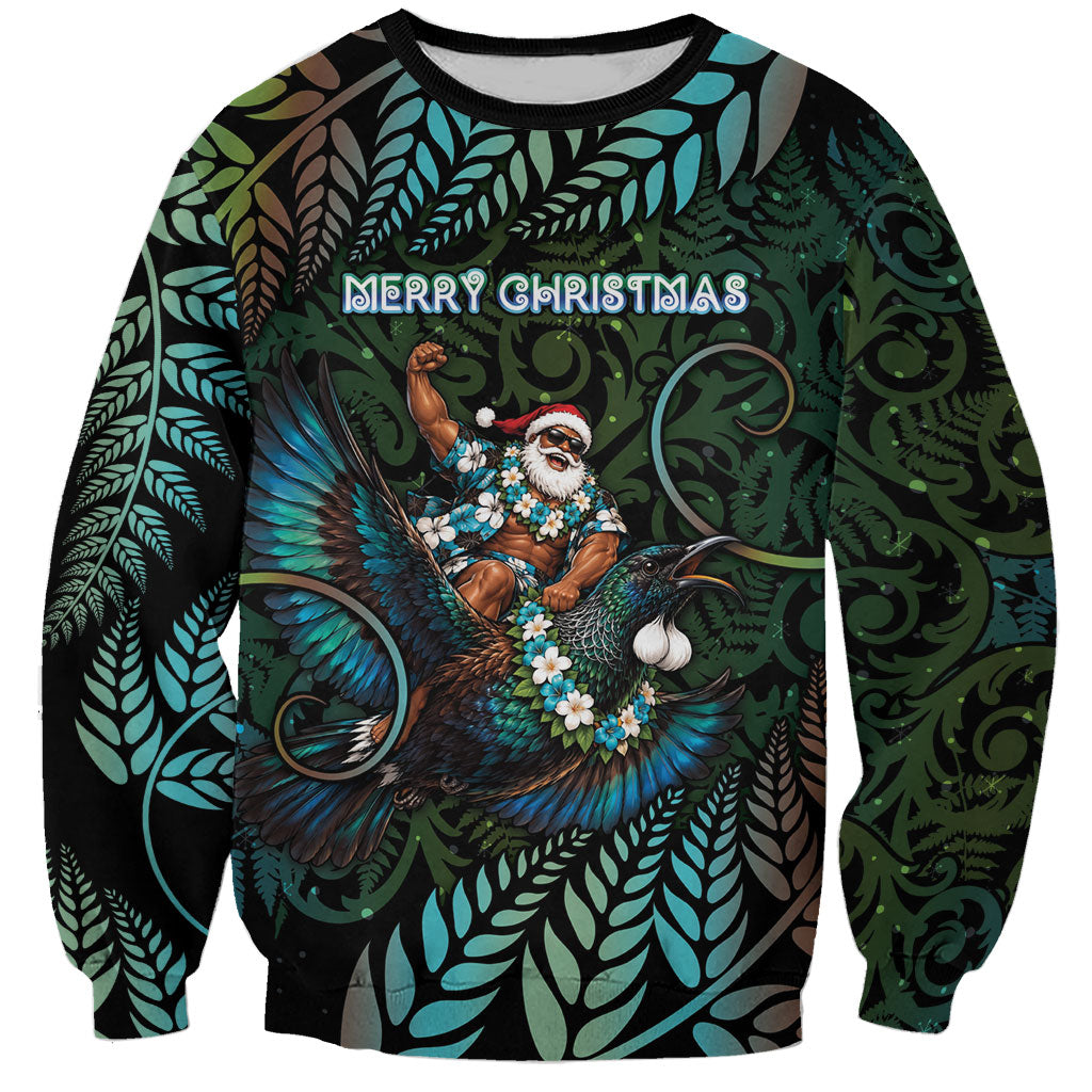 New Zealand Christmas Sweatshirt Santa Riding Tui Bird Silver Fern DT05 Unisex Teal - Polynesian Pride