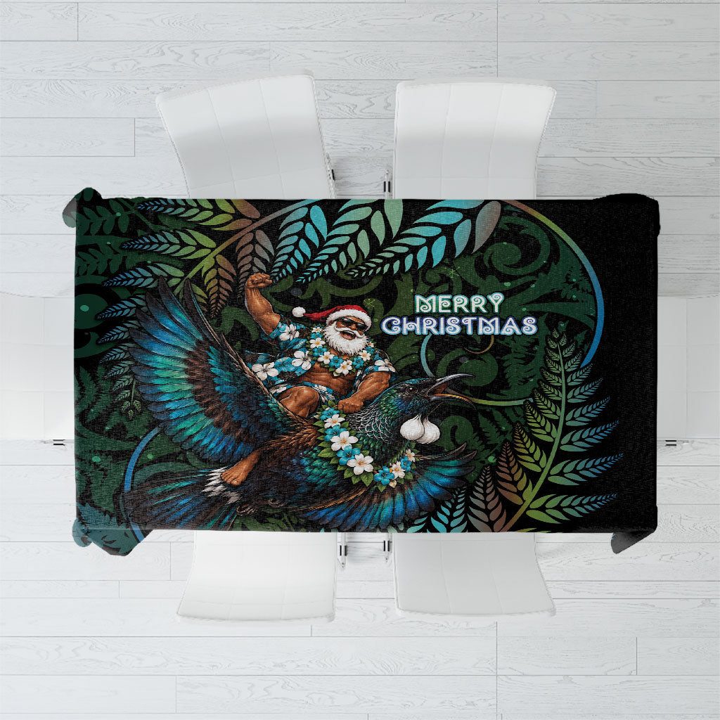 New Zealand Christmas Tablecloth Santa Riding Tui Bird Silver Fern DT05 Teal - Polynesian Pride