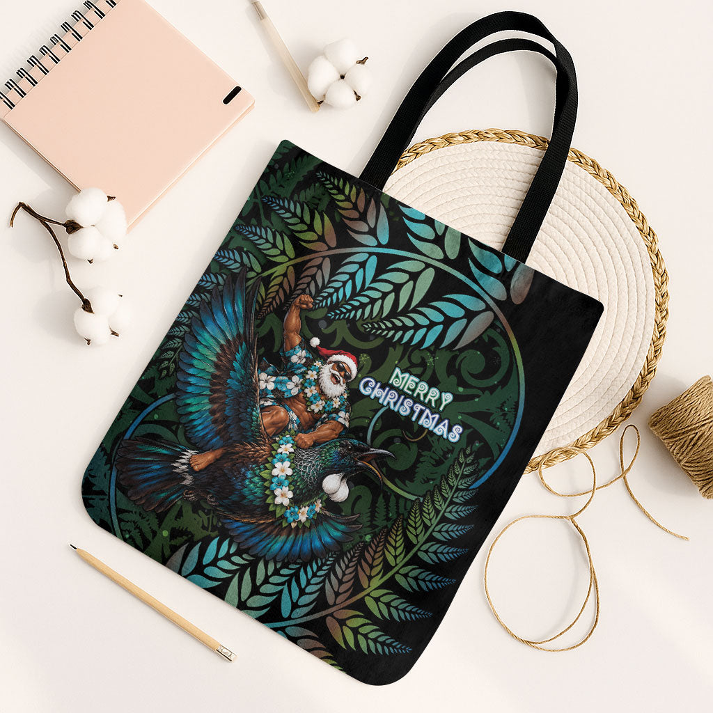 New Zealand Christmas Tote Bag Santa Riding Tui Bird Silver Fern DT05 Black Strap One Size Teal - Polynesian Pride