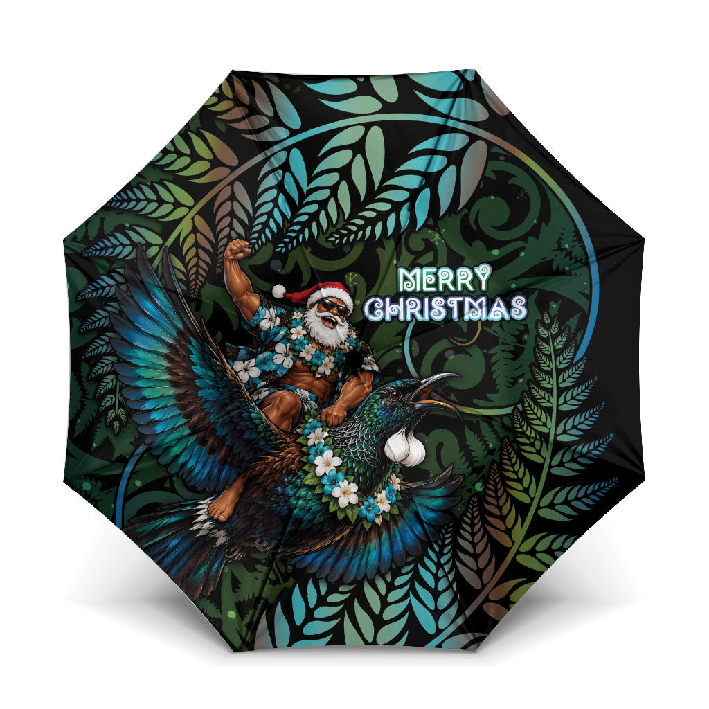New Zealand Christmas Umbrella Santa Riding Tui Bird Silver Fern DT05 One Size Folded 11.42 inch Opened Diameter 37.4 inch Teal - Polynesian Pride