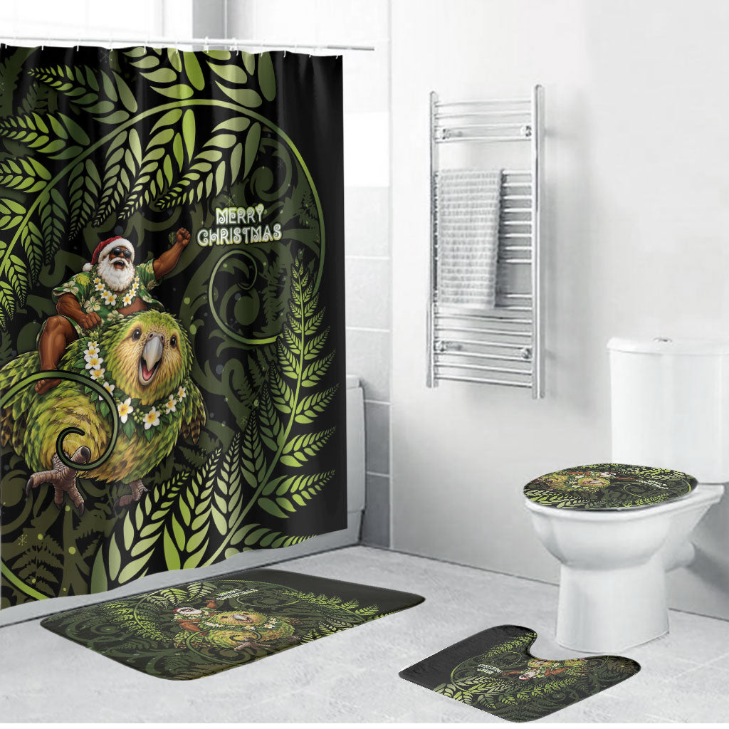 New Zealand Christmas Bathroom Set Santa Riding Kakapo Bird Silver Fern DT05 Bathroom Set (4 pcs) Green - Polynesian Pride