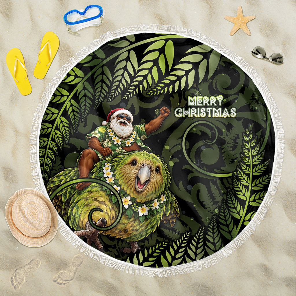 New Zealand Christmas Beach Blanket Santa Riding Kakapo Bird Silver Fern DT05 One Size 150cm Green - Polynesian Pride