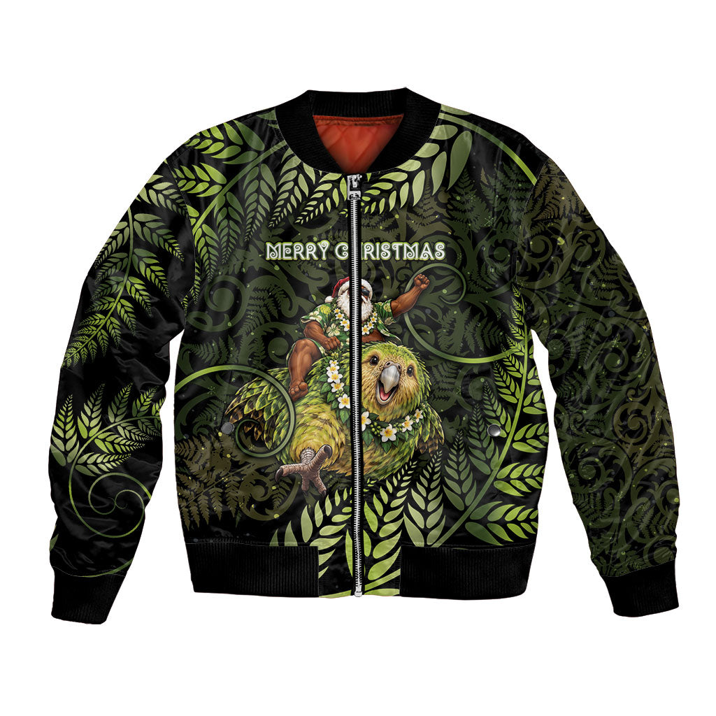 New Zealand Christmas Bomber Jacket Santa Riding Kakapo Bird Silver Fern DT05 Unisex Green - Polynesian Pride