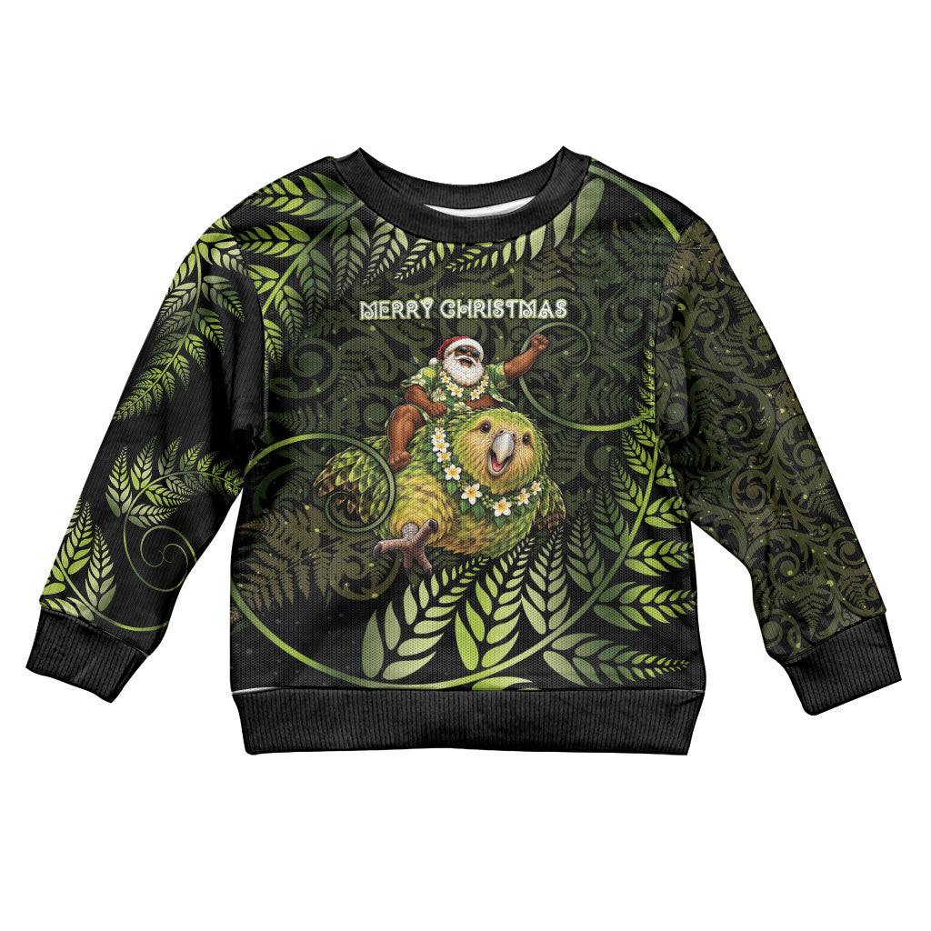 New Zealand Christmas Kid Ugly Christmas Sweater Santa Riding Kakapo Bird Silver Fern DT05 Kid Green - Polynesian Pride
