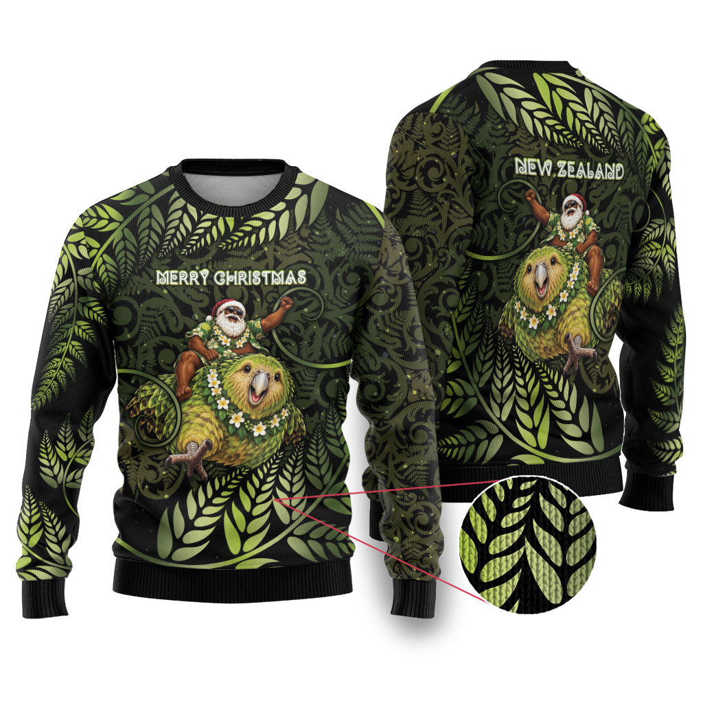 New Zealand Christmas Ugly Christmas Sweater Santa Riding Kakapo Bird Silver Fern DT05 Green - Polynesian Pride