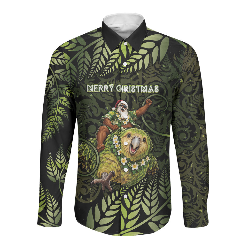 New Zealand Christmas Long Sleeve Button Shirt Santa Riding Kakapo Bird Silver Fern DT05 Unisex Green - Polynesian Pride