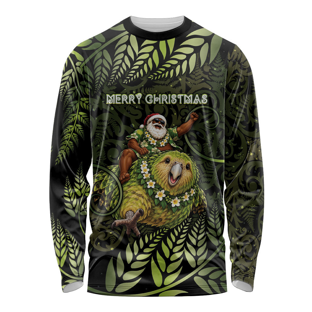 New Zealand Christmas Long Sleeve Shirt Santa Riding Kakapo Bird Silver Fern DT05 Unisex Green - Polynesian Pride