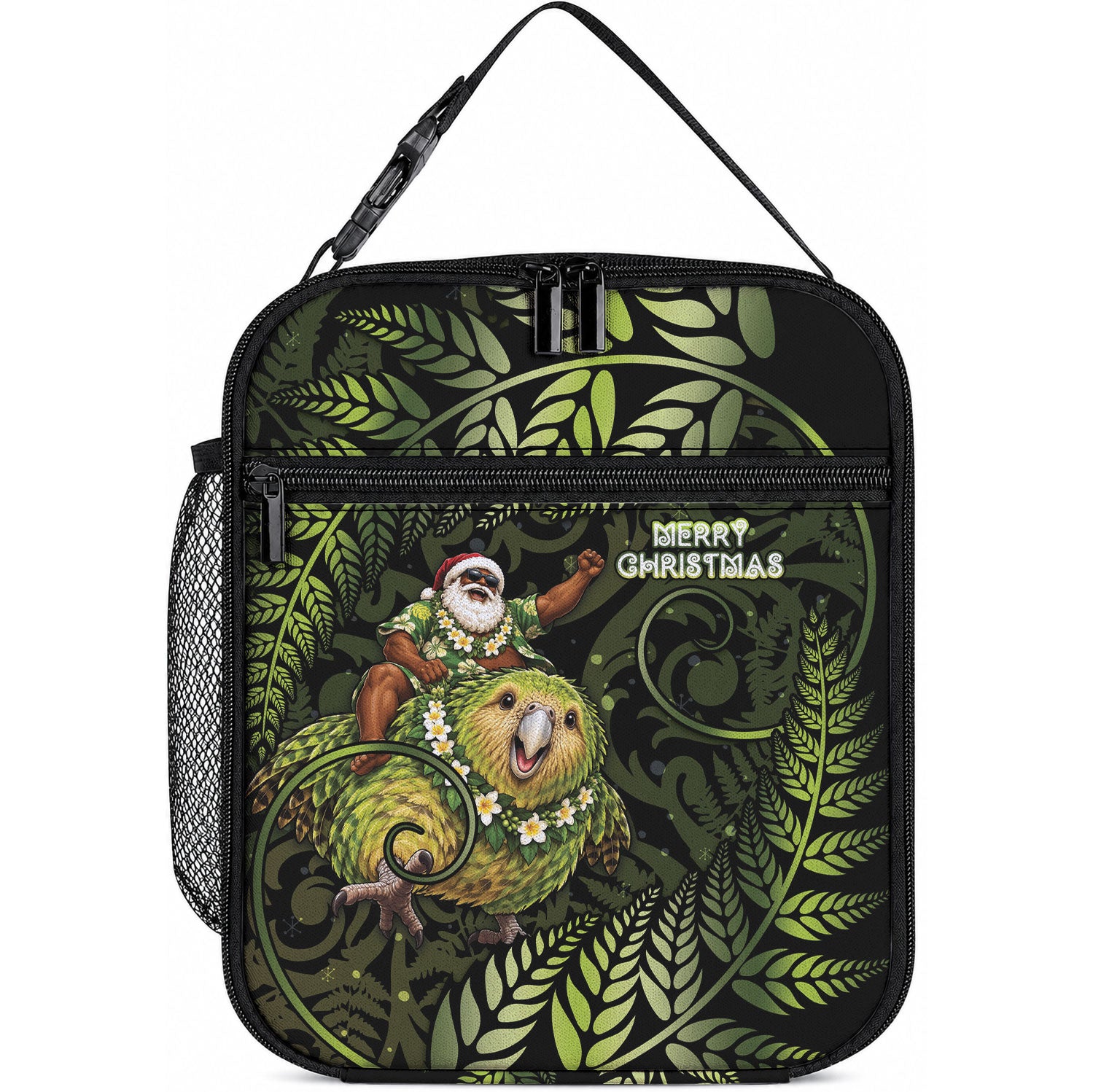 New Zealand Christmas Lunch Bag Santa Riding Kakapo Bird Silver Fern DT05 10.2 × 8.3 × 4.3 inch Green - Polynesian Pride