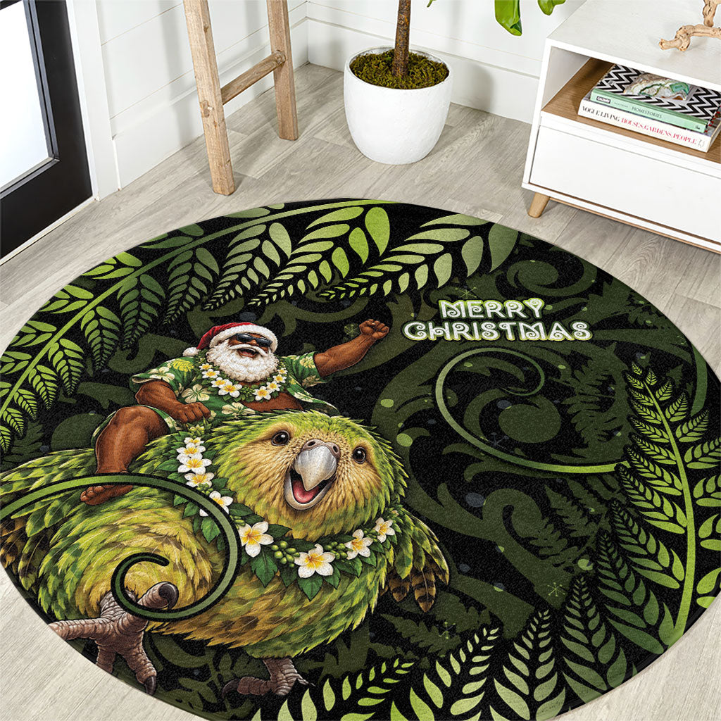 New Zealand Christmas Round Carpet Santa Riding Kakapo Bird Silver Fern DT05 Green - Polynesian Pride
