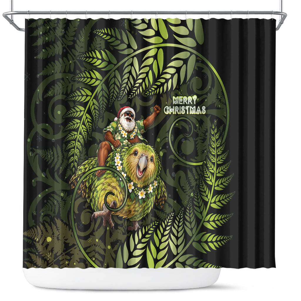New Zealand Christmas Shower Curtain Santa Riding Kakapo Bird Silver Fern DT05 Green - Polynesian Pride