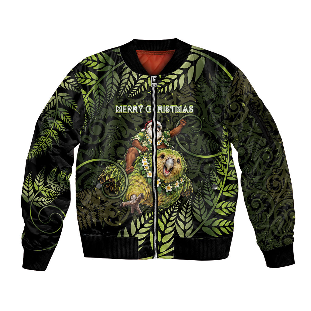 New Zealand Christmas Sleeve Zip Bomber Jacket Santa Riding Kakapo Bird Silver Fern DT05 Unisex Green - Polynesian Pride