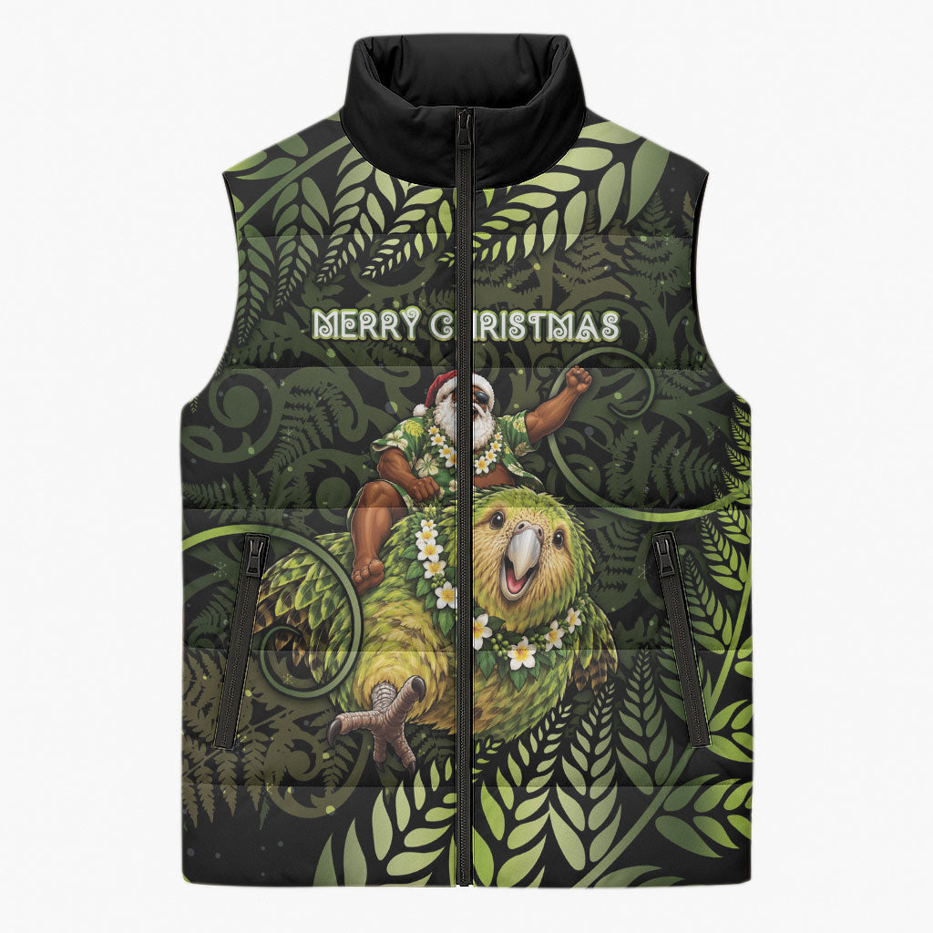 New Zealand Christmas Sleeveless Puffer Jacket Santa Riding Kakapo Bird Silver Fern DT05 Unisex Green - Polynesian Pride