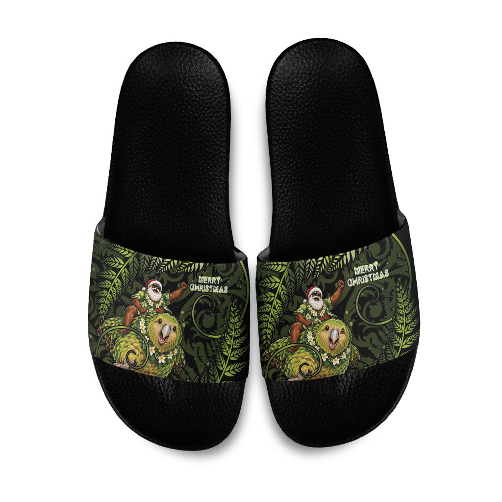 New Zealand Christmas Slide Sandals Santa Riding Kakapo Bird Silver Fern DT05 Green - Polynesian Pride