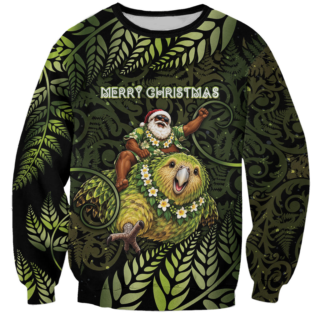 New Zealand Christmas Sweatshirt Santa Riding Kakapo Bird Silver Fern DT05 Unisex Green - Polynesian Pride