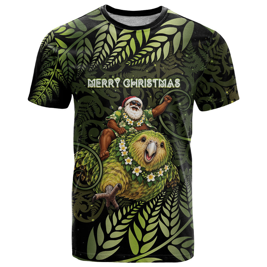 New Zealand Christmas T Shirt Santa Riding Kakapo Bird Silver Fern DT05 Green - Polynesian Pride