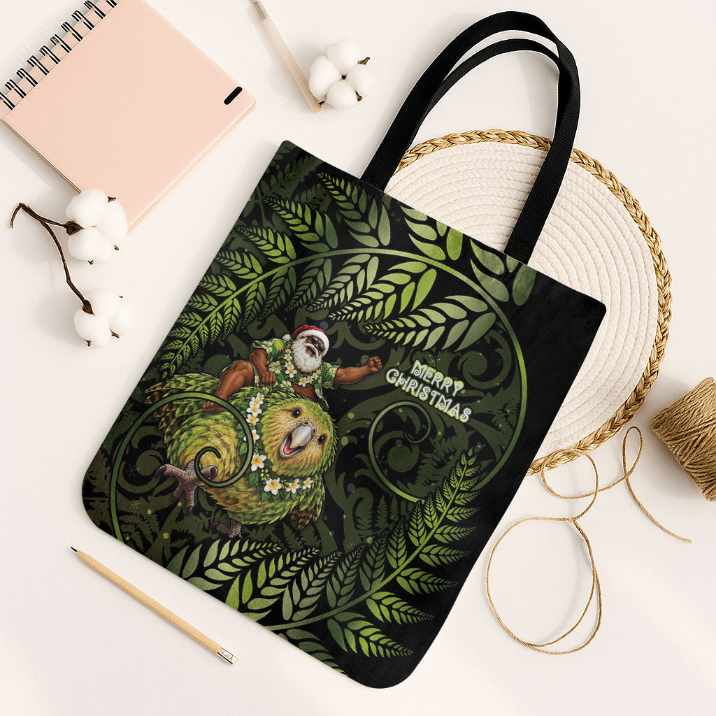 New Zealand Christmas Tote Bag Santa Riding Kakapo Bird Silver Fern DT05 Black Strap One Size Green - Polynesian Pride