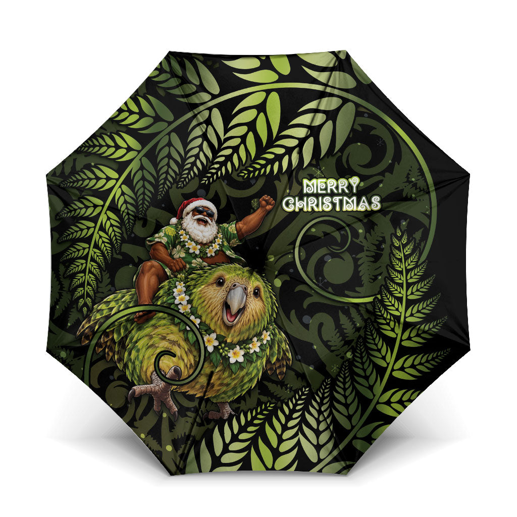New Zealand Christmas Umbrella Santa Riding Kakapo Bird Silver Fern DT05 One Size Folded 11.42 inch Opened Diameter 37.4 inch Green - Polynesian Pride