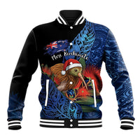 Personalised New Zealand Christmas Baseball Jacket Santa Kiwi Bird With Pohutukawa Flowers - Polynesian Pride