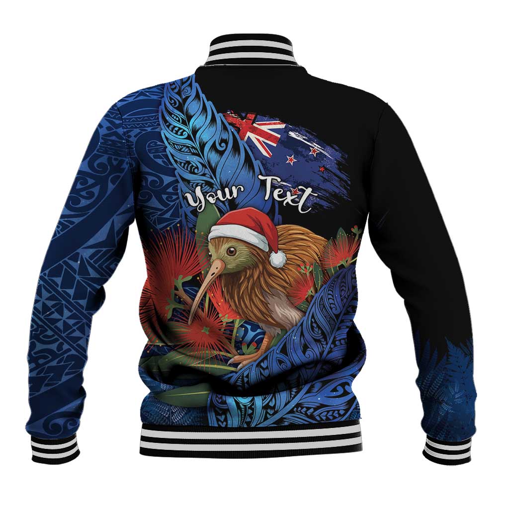 Personalised New Zealand Christmas Baseball Jacket Santa Kiwi Bird With Pohutukawa Flowers - Polynesian Pride