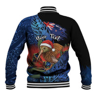 Personalised New Zealand Christmas Baseball Jacket Santa Kiwi Bird With Pohutukawa Flowers - Polynesian Pride