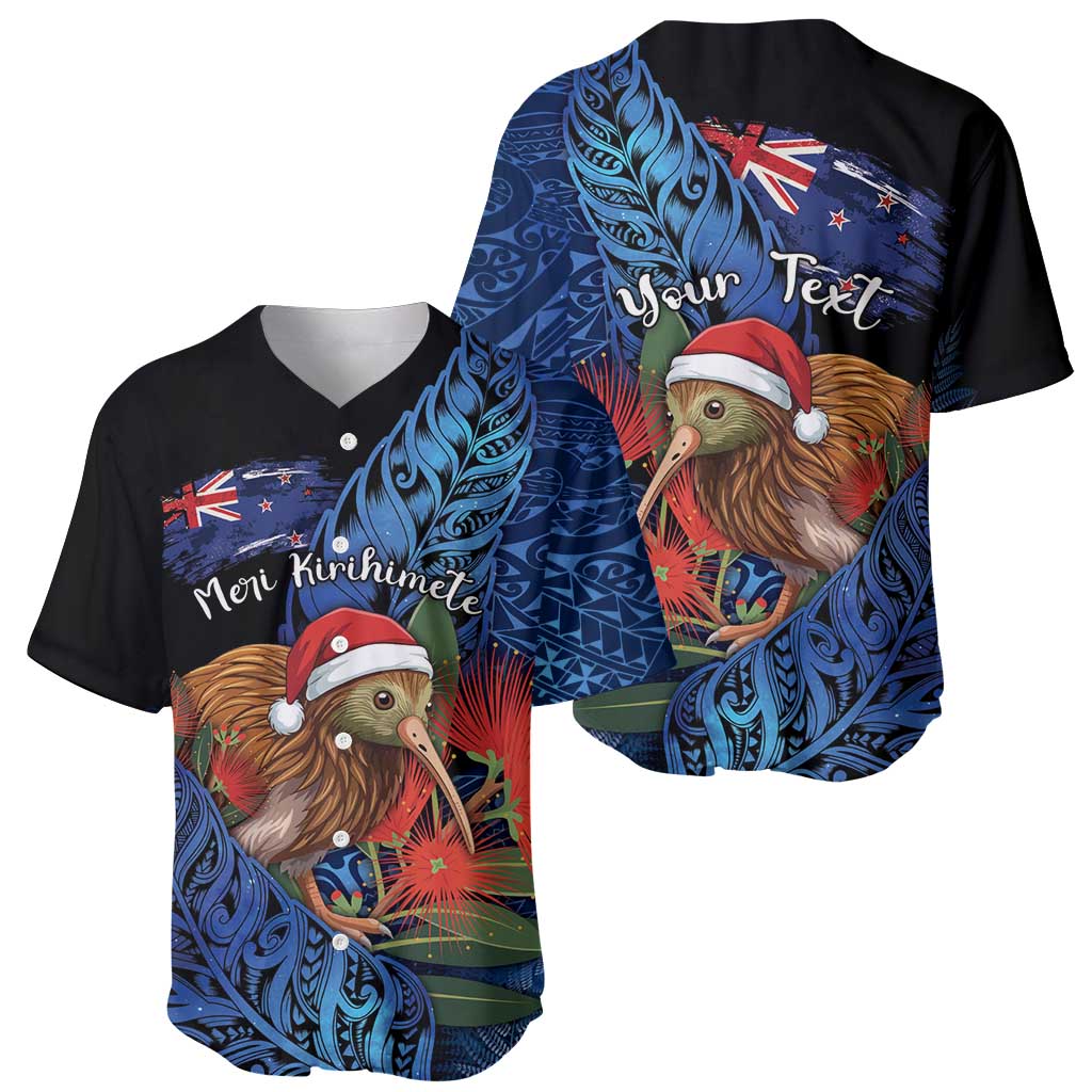Personalised New Zealand Christmas Baseball Jersey Santa Kiwi Bird With Pohutukawa Flowers - Polynesian Pride