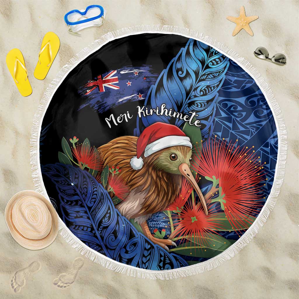 New Zealand Christmas Beach Blanket Santa Kiwi Bird With Pohutukawa Flowers - Polynesian Pride