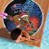 New Zealand Christmas Beach Blanket Santa Kiwi Bird With Pohutukawa Flowers - Polynesian Pride