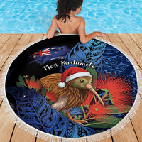 New Zealand Christmas Beach Blanket Santa Kiwi Bird With Pohutukawa Flowers - Polynesian Pride